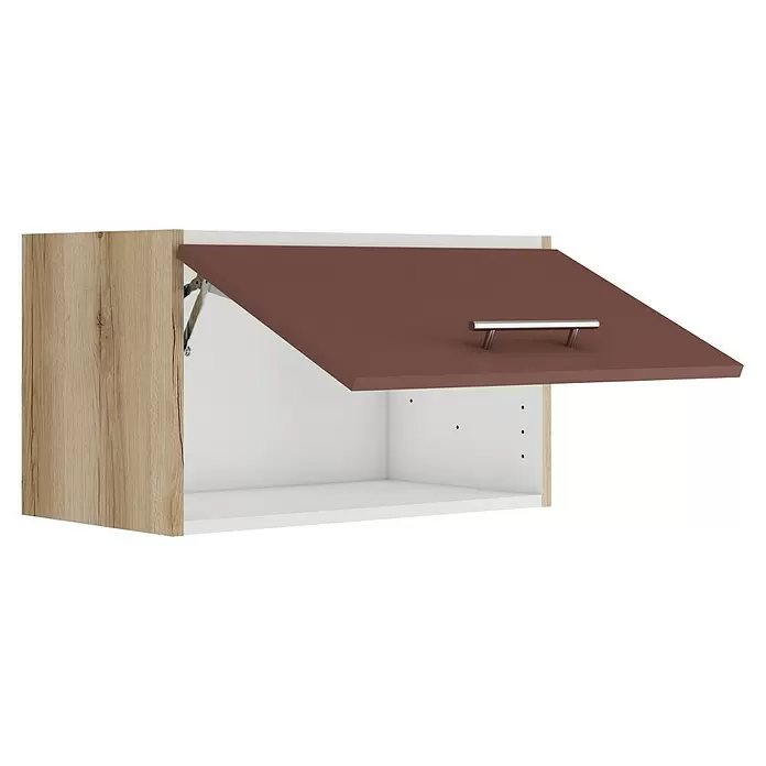 Optifit Bari407 Hängeschrank - 34,6 x 60 x 35,2 cm, Rostrot - Offener Hängeschrank mit brauner Klappe, heller Holzseite und weißem Innenraum. Mit silbernem Griff und hydraulischen Scharnieren.