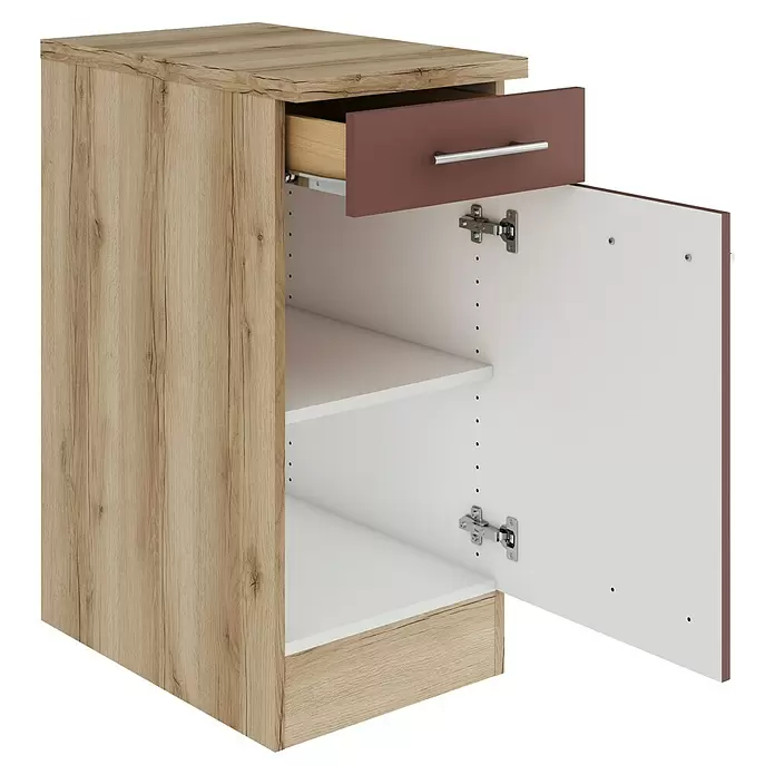 Optifit Bari407 Unterschrank - 60 x 40 x 84,8 cm, Rostrot, Mit 1 Schubkasten und 1 Tür - Heller Holzunterschrank mit geöffneter dunkelbrauner Schublade und offener Tür mit weißen, verstellbaren Regalböden.