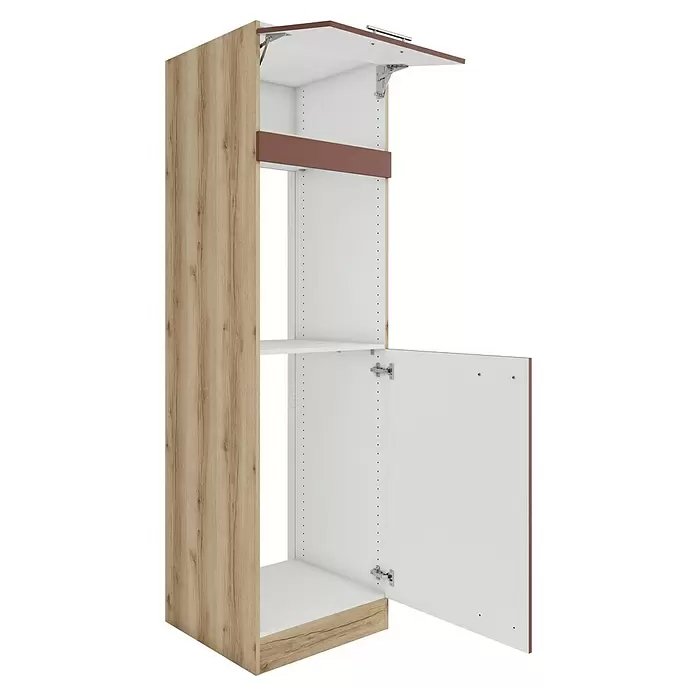 Optifit Bari407 Kühlumbauschrank - B x T x H: 60 x 60 x 206,8 cm, Rostrot, Mit 1 Klappe und 2 Türen für Backofen und Kühlschrank 88 cm - Hoher offener Schrank mit heller Holzseite, weißem Innenraum und braunem Akzentpanel, mit Klapp- und Flügeltüren mit Metallscharnieren.