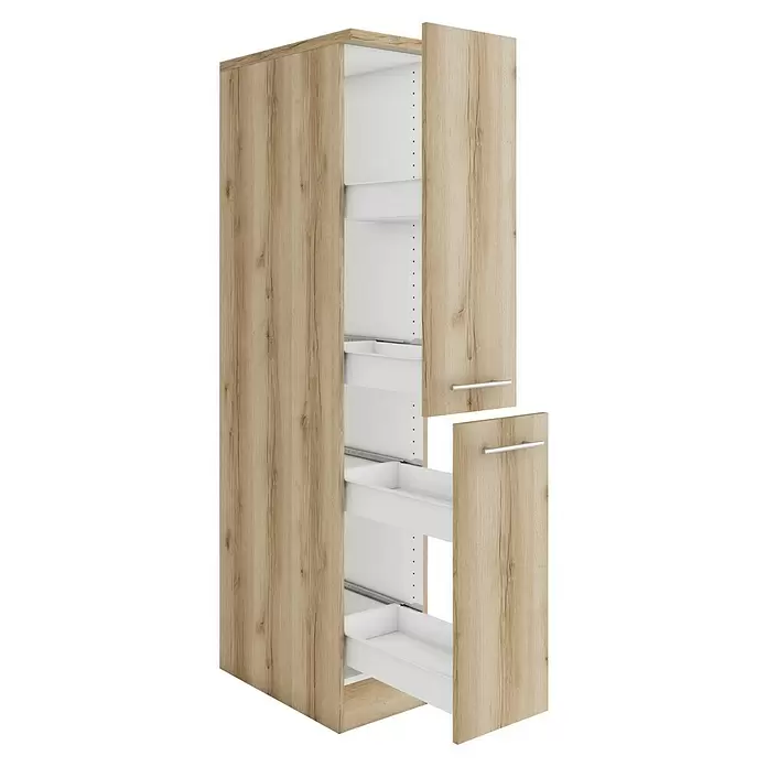 Optifit Livorno290 Küchen-Midischrank - 60 x 30 x 174,4 cm, Wildeiche Nachbildung - Hoher Schrank aus hellem Holz mit mehreren ausziehbaren weißen Schubladen, teils geöffnet.
