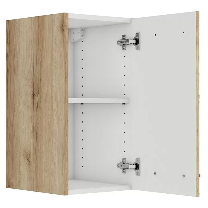 Optifit Livorno290 Hängeschrank - 34,6 x 30 x 57,6 cm, Wildeiche Nachbildung - Offener Hängeschrank mit heller Holzmaserungstür, weißem Innenraum und einem verstellbaren weißen Einlegeboden.