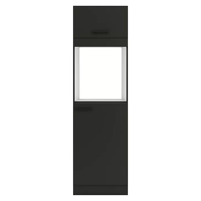 Optifit Madrid420 Geräteumbauschrank - 60 x 60 x 206,8 cm, Anthrazit Matt, Für Backofen und Kühlschrank, mit Klappe, Die Ausschnitte für Spüle und Kochfeld sind nicht vorhanden. - Dunkelgrauer Schrank mit offener Mittelablage und zwei Schubladen mit Griffen.