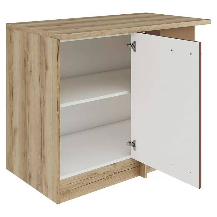 Optifit Bari407 Eck-Unterschrank Typ 1 - 60 x 110 x 84,8 cm, Rostrot - Helles Holzmaserung-Schrank mit offener weißer Tür und zwei Innenregalen.