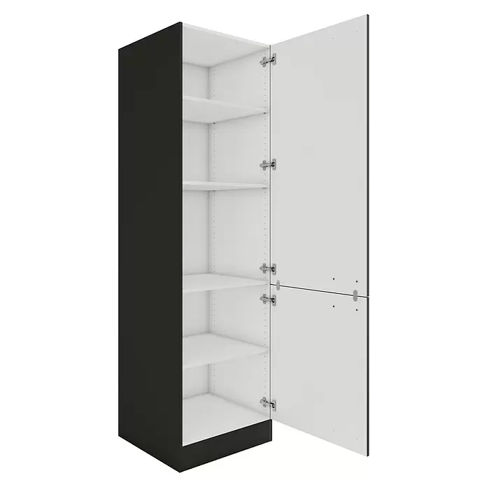 Optifit Madrid420 Hochschrank - 60 x 60 x 206,8 cm, Anthrazit Matt - Hoher, dunkelgrauer Schrank mit offener weißer Tür, die mehrere verstellbare weiße Regalböden und Scharniere zeigt.