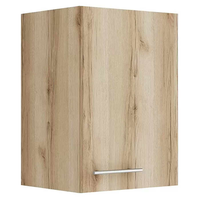 Optifit Livorno290 Hängeschrank - 34,6 x 40 x 57,6 cm, Wildeiche Nachbildung - Helle Holzschranktür mit einem horizontalen silbernen Griff.