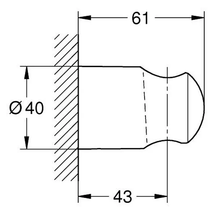 Grohe QuickFix Brausehalter - Ø x L: 40 x 61 mm, Schwarz, Kunststoff - Technische Zeichnung eines Knopfes mit Durchmesser 40 mm, Gesamtlänge 61 mm und einer Tiefe von 43 mm.