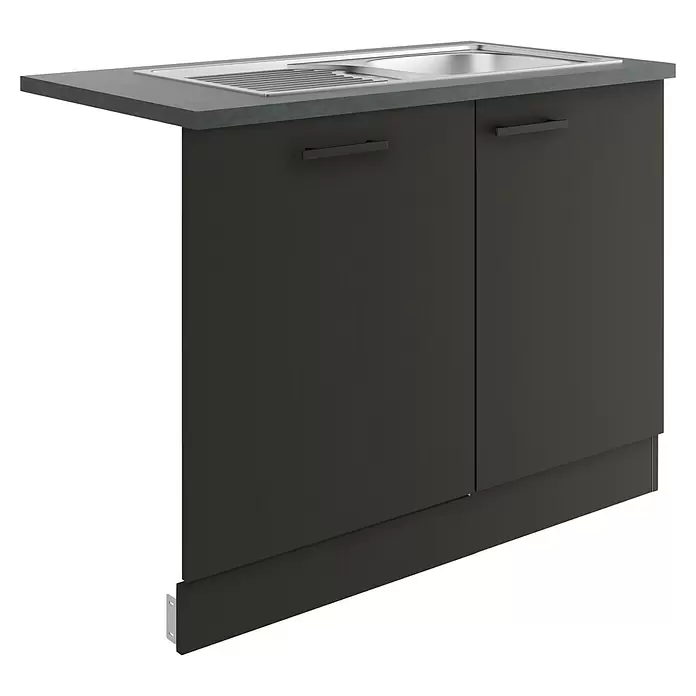 Optifit Madrid420 Spülenunterschrank - 60 x 110 x 84,8 cm, Anthrazit Matt, Mit Blende 60 cm für vollintegrierten Geschirrspüler - Dunkelgrauer Küchenspülenschrank mit Arbeitsplatte, integrierter Edelstahlspüle und zwei Schranktüren.