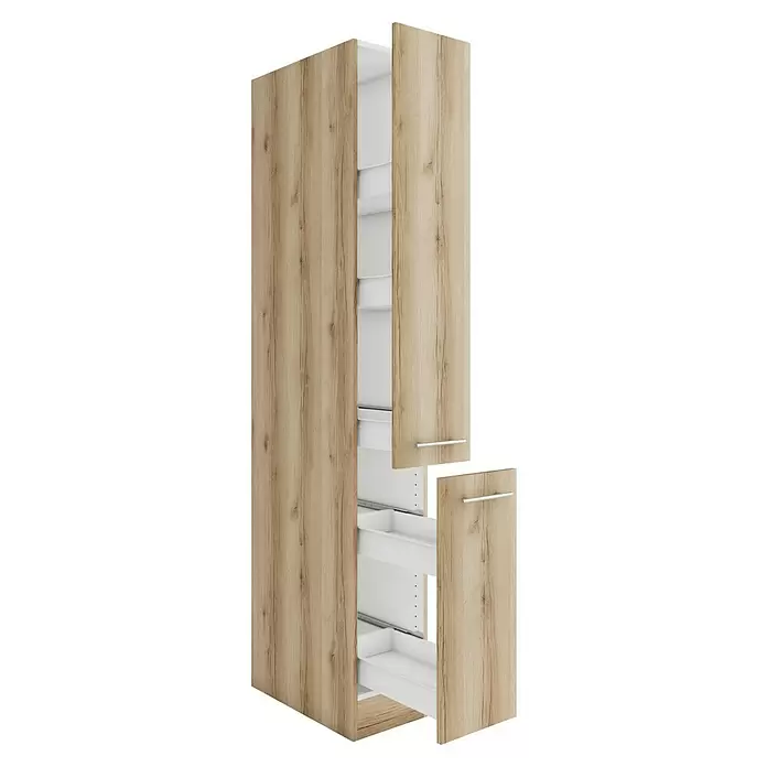 Optifit Livorno290 Apotheker-Hochschrank - 60 x 30 x 206,8 cm, Wildeiche Nachbildung - Hoher schmaler Küchenschrank in heller Holzoptik mit mehreren weißen Auszugschubladen und silbernen Griffen, teilweise offen.