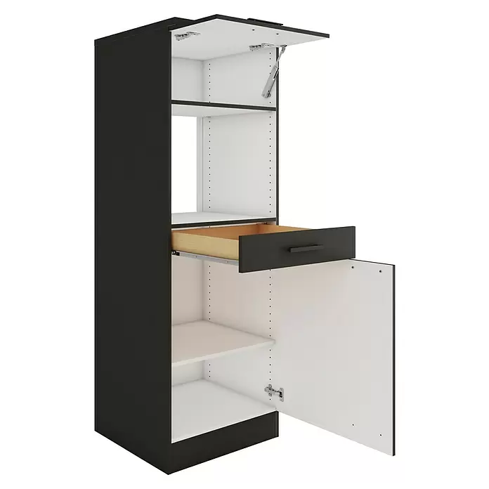 Optifit Madrid420 Midischrank - 60 x 60 x 174,4 cm, Anthrazit Matt, Für Mikrowelle mit 1 Klappe, 1 Schubkasten und 1 Tür - Hoher schwarz-weißer Schrank mit geöffneter Oberklappe (Gasfeder), geöffneter Untertür und geöffneter Schublade mit Holzinterieur.