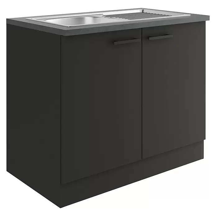 Optifit Madrid420 Spülenunterschrank - 60 x 100 x 84,8 cm, Anthrazit Matt - Dunkelgrauer Küchenunterschrank mit zwei Türen, grauer Arbeitsplatte und integrierter Edelstahlspüle mit Abtropffläche.