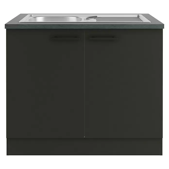 Optifit Madrid420 Spülenunterschrank - 60 x 100 x 84,8 cm, Anthrazit Matt - Dunkelgrauer Spülenunterschrank mit zwei Türen, schwarzen Griffen, grauer Arbeitsplatte und integrierter Edelstahlspüle mit Abtropffläche.