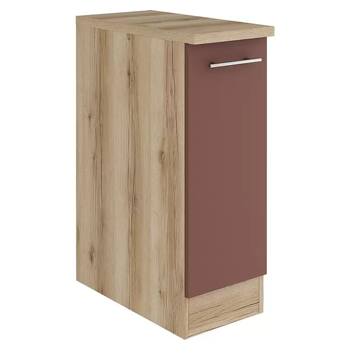 Optifit Bari407 Unterschrank - 60 x 60 x 84,8 cm, Rostrot, Mit 1 Auszug und 2 Metallschubkästen - Zweifarbiger Schrank mit heller Holzoptik-Rahmen und rotbrauner Frontplatte mit silbernem Griff.