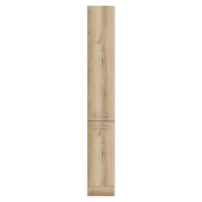 Optifit Livorno290 Apotheker-Hochschrank - 60 x 30 x 206,8 cm, Wildeiche Nachbildung - Helle Eichenholzmöbelfront mit sichtbarer Maserung und zwei silbernen Quergriffen.