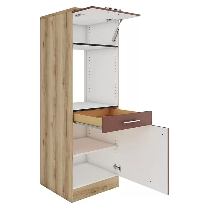 Optifit Bari407 Backofenumbauschrank - B x T x H: 60 x 60 x 174,4 cm, Rostrot, Für Backofen und Kühlschrank 88 cm mit 1 Tür und Arbeitsplatte - Hoher zweifarbiger Schrank: helle Holzoptik außen, weiß innen, braune Akzente. Mit offener Klapptür, ausgezogener Schublade und offener Drehtür unten.