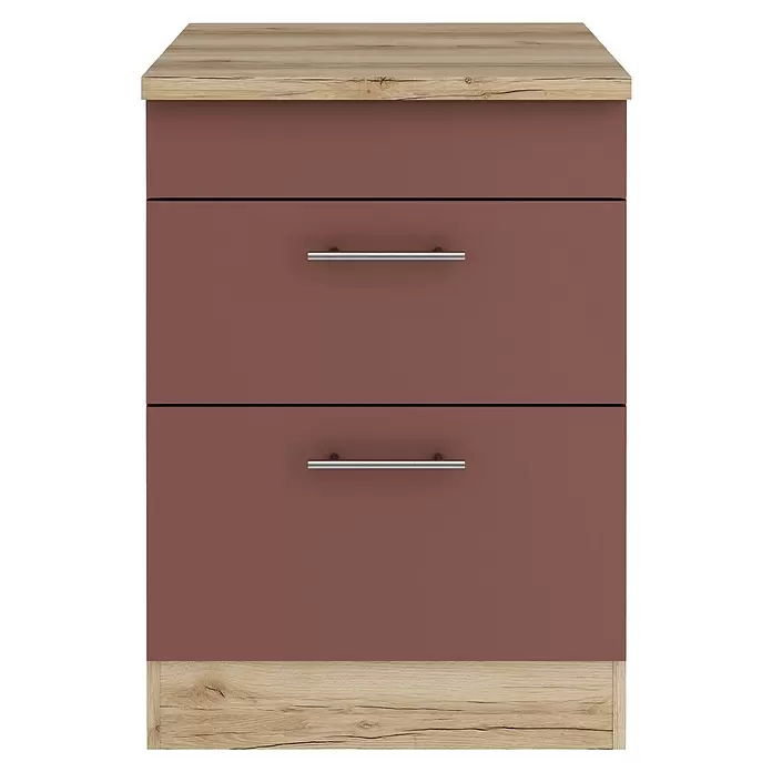 Optifit Bari407 Unterschrank - 60 x 60 x 84,8 cm, Rostrot, Mit 1 Blende und 2 Auszügen - Zweischubladenschrank mit heller Holzplatte und Sockel, und weinroten Schubladen mit silbernen Griffen.