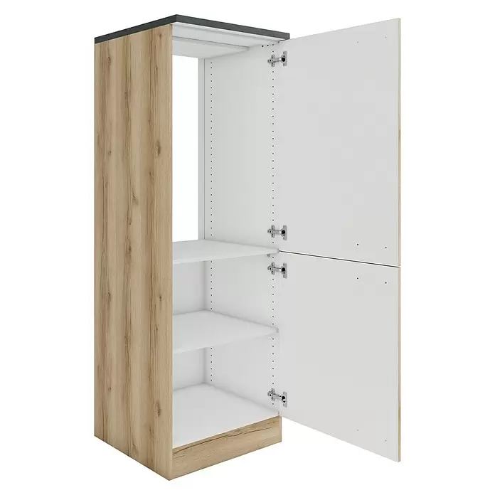 Optifit Livorno290 Midischrank - 60 x 60 x 174,4 cm, Wildeiche Nachbildung, Mit 2 Türen und für Kühlschrank 88 cm - Hoher Schrank mit hellen Holzmaserungsplatten, dunkelgrauer Oberseite, weißem Innenraum mit Regalböden und zwei offenen weißen Türen mit Scharnieren.