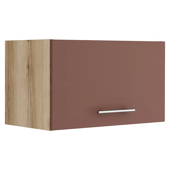 Optifit Bari407 Hängeschrank - 34,6 x 60 x 35,2 cm, Rostrot - Wandschrank mit Holzoptik-Seitenwand und braun-malve Tür mit silbernem Griff.