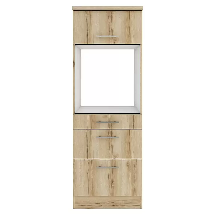 Optifit Livorno290 Midischrank - 60 x 60 x 174,4 cm, Wildeiche Nachbildung, Für Backofen mit 1 Klappe, 1 Schubkasten und 1 Tür - Heller Holzschrank mit zwei oberen Türen, offenem Mittelfach und drei Schubladen, alle mit silbernen Stangengriffen.