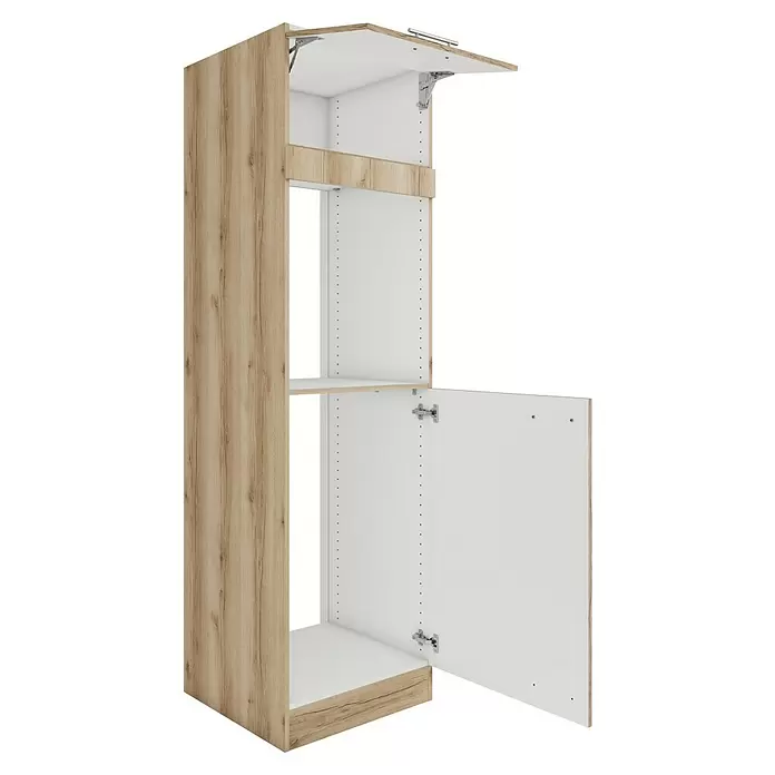 Optifit Livorno290 Kühlumbauschrank - 60 x 60 x 206,8 cm, Wildeiche Nachbildung, Für Backofen und Kühlschrank - Hoher Schrank in heller Holzoptik mit weißem Innenraum, mit einer nach oben öffnenden Tür, einem offenen Mittelteil und einer Drehtür unten.
