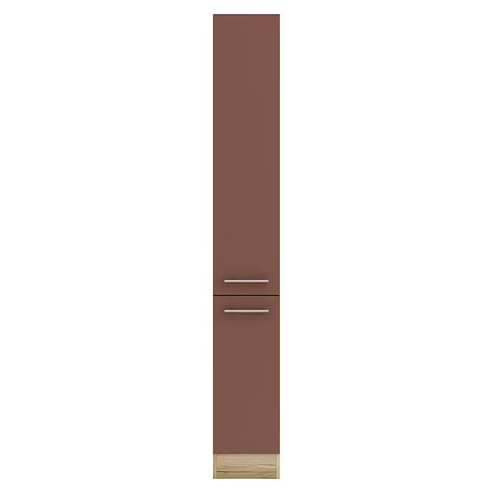 Optifit Bari407 Apotheker-Hochschrank - 60 x 30 x 206,8 cm, Rostrot - Hoher, rotbrauner Schrank mit zwei silbernen Griffen und hellem Holzsockel.