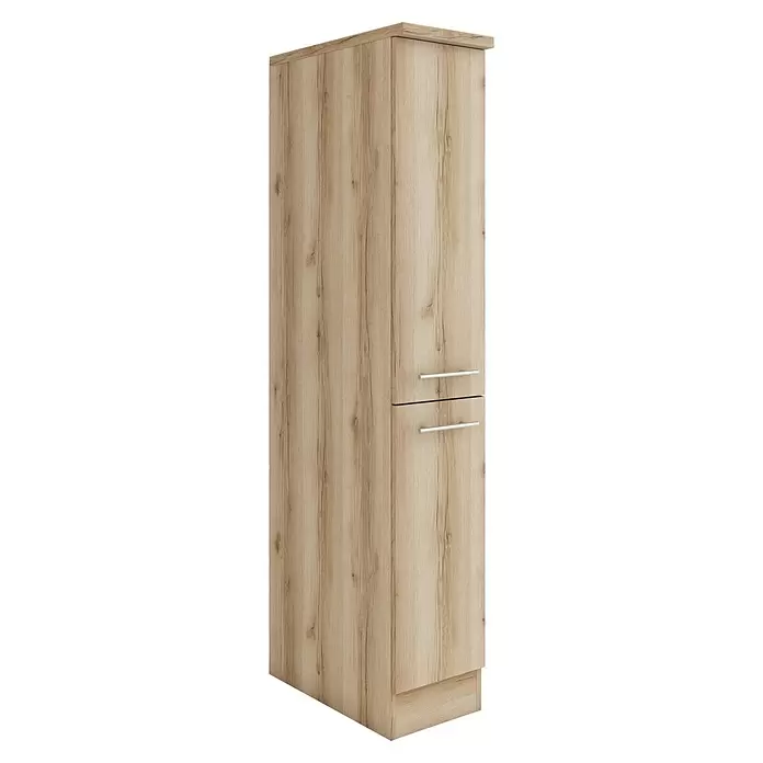Optifit Livorno290 Küchen-Midischrank - 60 x 30 x 174,4 cm, Wildeiche Nachbildung - Hoher Schrank in heller Holzoptik mit natürlicher Maserung, zwei Türen und silbernen Griffen.