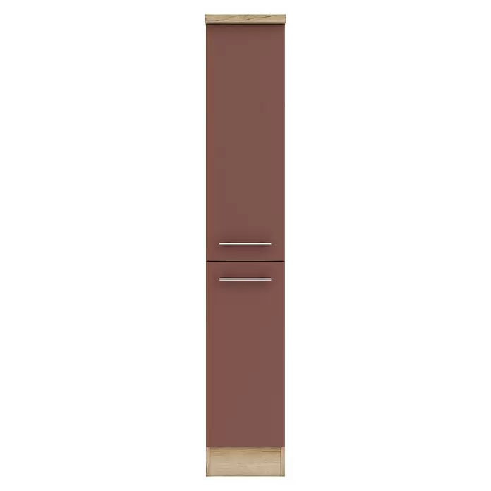 Optifit Bari407 Küchen-Midischrank - 60 x 30 x 174,4 cm, Rostrot - Terracotta-farbener Zweischubladen-Schrank mit heller Holzplatte, Sockel und silbernen Griffen.