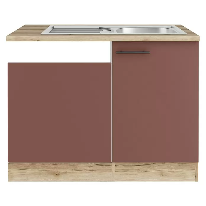 Optifit Bari407 Spülenunterschrank - 60 x 110 x 84,8 cm, Rostrot, Mit Blende 60 cm für teilintegrierten Geschirrspüler - Küchenspülenunterschrank mit heller Holzplatte, integrierter Edelstahlspüle, braunen Türen und Holzsockel.