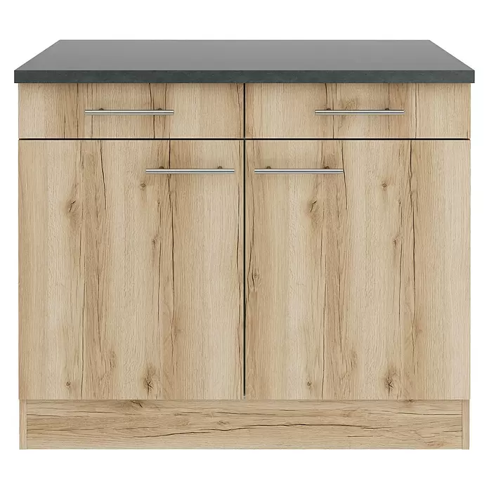Optifit Livorno290 Küchen-Unterschrank - 60 x 100 x 84,8 cm, Wildeiche Nachbildung, Mit 2 Schubkästen und 2 Türen - Hellbrauner Holzmaserung Küchenunterschrank mit zwei Schubladen, zwei Türen und dunkler Arbeitsplatte.
