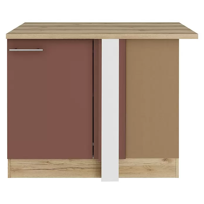 Optifit Bari407 Eck-Unterschrank - 60 x 110 x 84,8 cm, Rostrot - Kleiner Schrank mit heller Holzplatte und Sockel, braun-mauver Tür, weißer Platte und offenem hellbraunem Fach.