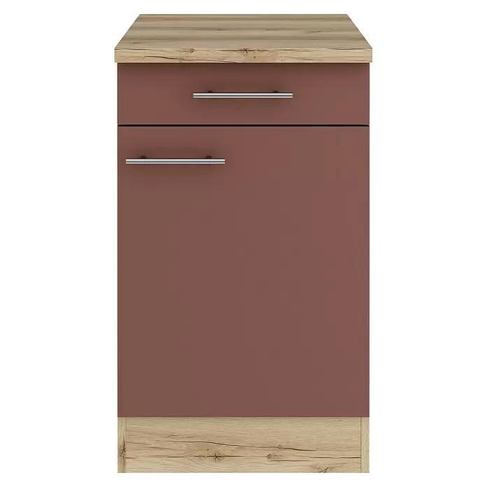 Optifit Bari407 Unterschrank - 60 x 50 x 84,8 cm, Rostrot, Mit 1 Schubkasten und 1 Tür - Hoher braunroter Schrank mit Holzplatte und -sockel, einer Schublade und einer Tür mit silbernen Griffen.