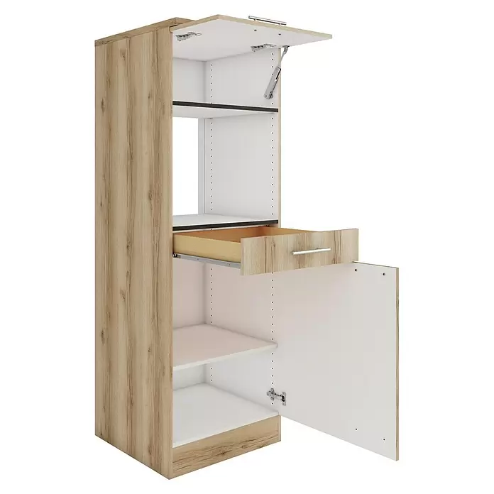 Optifit Livorno290 Midischrank - 60 x 60 x 174,4 cm, Wildeiche Nachbildung, Für Mikrowelle mit 1 Klappe, 1 Schubkasten und 1 Tür - Hoher Schrank aus hellem Holz und Weiß, mit geöffneter Oberklappe, ausgezogener Schublade und offener Untertür mit Regalböden.
