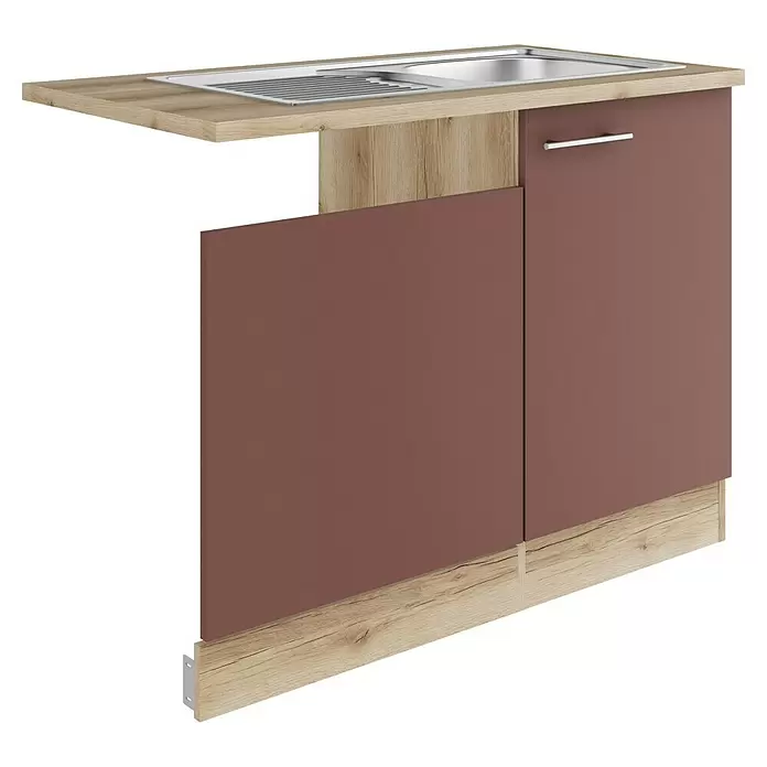 Optifit Bari407 Spülenunterschrank - 60 x 110 x 84,8 cm, Rostrot, Mit Blende 60 cm für teilintegrierten Geschirrspüler - Küchenspülunterschrank mit heller Holzarbeitsplatte und Seitenwand, auburnfarbenen Türen und Edelstahlspüle.