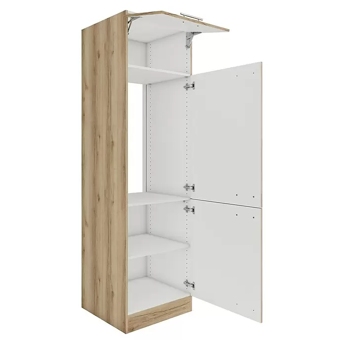 Optifit Livorno290 Kühlumbauschrank - 60 x 60 x 206,8 cm, Wildeiche Nachbildung, Für Kühlschrank - Offener heller Holzschrank mit weißem Innenraum, Regalen und geöffneten Klapp- und Flügeltüren.