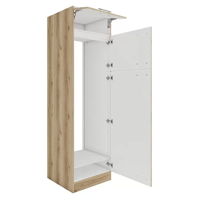 Optifit Livorno290 Kühlumbauschrank - 60 x 60 x 206,8 cm, Wildeiche Nachbildung, Für Kühlschrank hoch - Offener Schrank in heller Holzoptik und Weiß mit Klappe und Türen, der Regalböden und Scharniere zeigt.