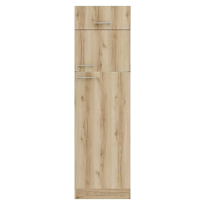 Optifit Livorno290 Kühlumbauschrank - 60 x 60 x 206,8 cm, Wildeiche Nachbildung, Für Kühlschrank hoch - Heller Schrank in Holzoptik mit drei silbernen horizontalen Griffen, natürliche Holzmaserung.