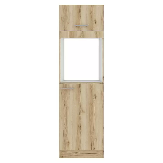 Optifit Livorno290 Kühlumbauschrank - 60 x 60 x 206,8 cm, Wildeiche Nachbildung, Für Backofen und Kühlschrank - Heller Holzschrank mit zwei Türen, einem offenen Fach und silbernen Griffen.