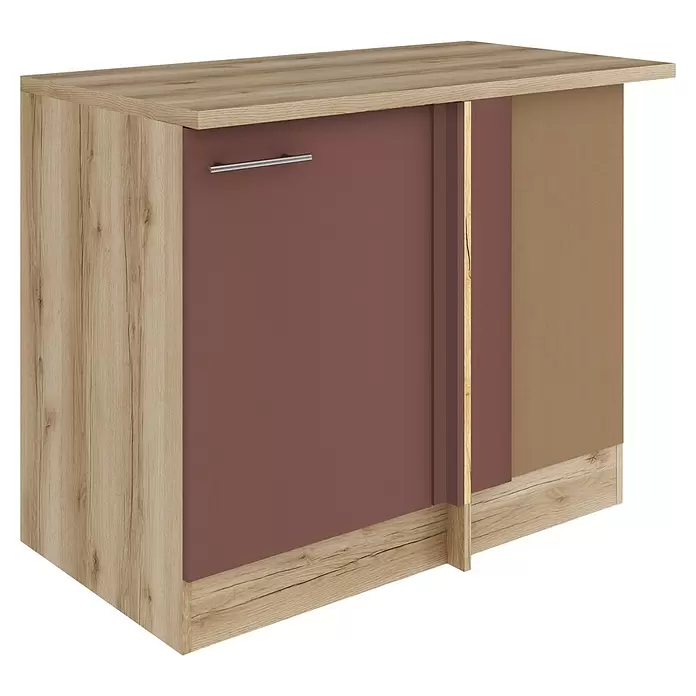 Optifit Bari407 Eck-Unterschrank Typ 1 - 60 x 110 x 84,8 cm, Rostrot - Eichenfarbener Schrank mit rotbrauner Schiebetür, silbernem Griff und offenem Fach.