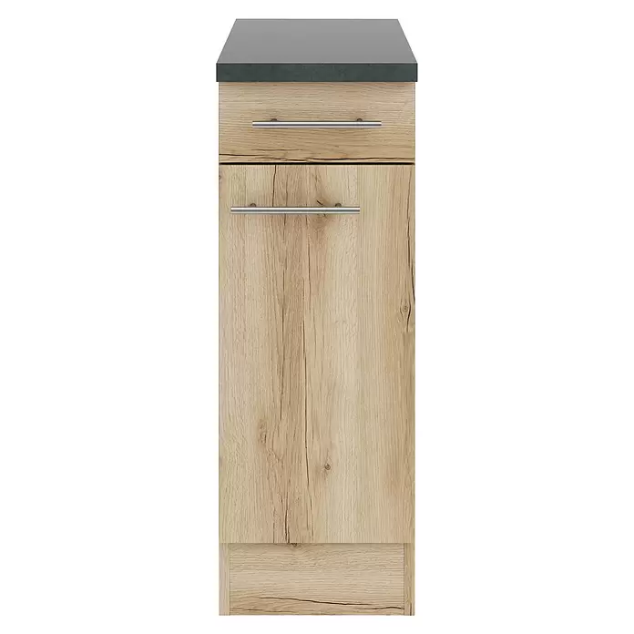 Optifit Livorno290 Unterschrank - 60 x 30 x 84,8 cm, Wildeiche Nachbildung, Mit 1 Schubkasten und 1 Tür - Heller Küchenunterschrank aus Holz mit dunkelgrauer Arbeitsplatte, einer Schublade und einer Tür, alle mit silbernen Griffen.