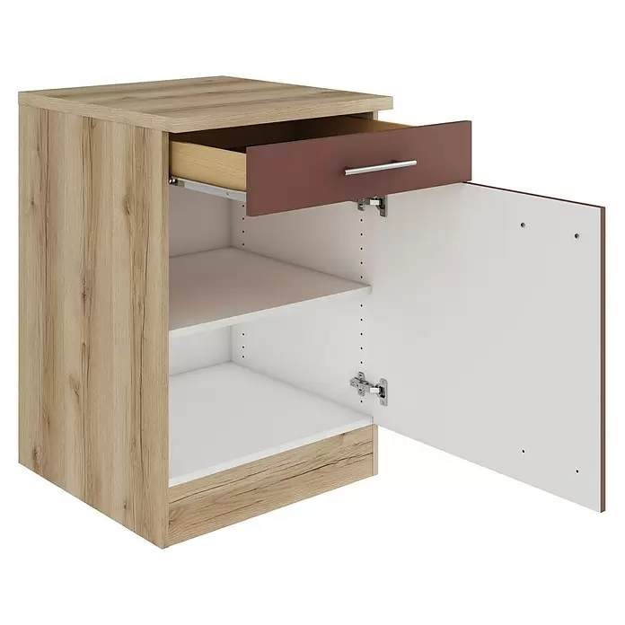 Optifit Bari407 Unterschrank - 60 x 60 x 84,8 cm, Rostrot, Mit 1 Schubkasten und 1 Tür - Schrank in heller Holzoptik mit dunkelbrauner Schublade und silbernem Griff, offene Schublade und Tür zeigen weiße Regale.