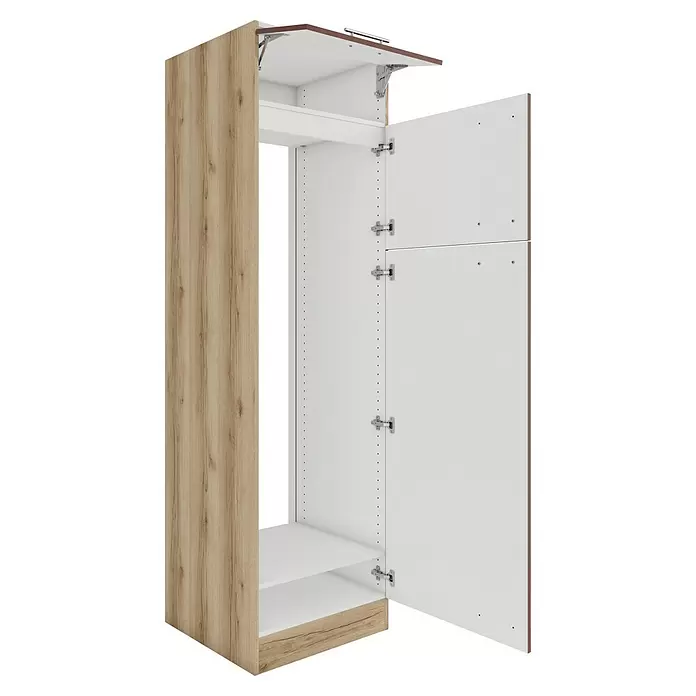 Optifit Bari407 Kühlumbauschrank - B x T x H: 60 x 60 x 206,8 cm, Rostrot, Mit 1 Klappe und 2 Türen mit Nische für Kühlschrank 144 cm - Offener Kleiderschrank mit heller Holzmaserung außen, weißen Innenböden und -platten sowie silbernen Beschlägen.