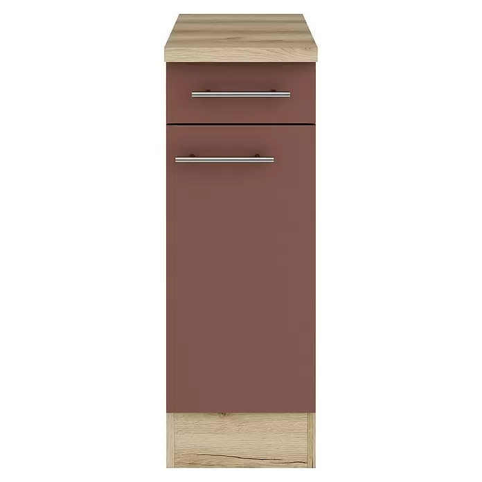 Optifit Bari407 Unterschrank - 60 x 30 x 84,8 cm, Rostrot, Mit 1 Schubkasten und 1 Tür - Küchenunterschrank mit heller Holzplatte, rotbraunen Schubladen/Tür und silbernen Griffen.