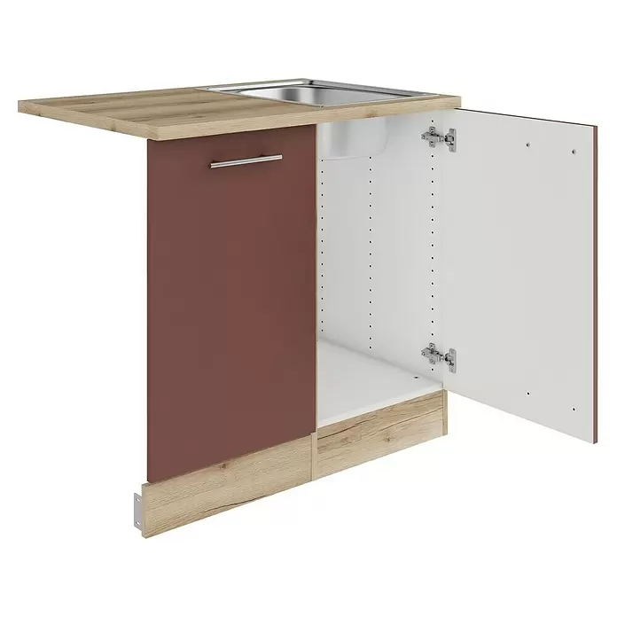 Optifit Bari407 Spülenunterschrank - 60 x 90 x 84,8 cm, Rostrot, Mit Blende 45 cm für vollintegrierten Geschirrspüler - Küchenunterschrank mit Spüle, heller Holzoptik-Arbeitsplatte, brauner Tür und offenem weißen Innenraum.