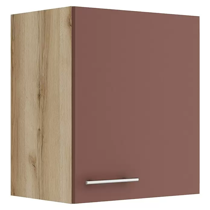 Optifit Bari407 Hängeschrank - 34,6 x 50 x 57,6 cm, Rostrot - Wandschrank mit heller Holzoptik-Seite und braun-roter Tür mit silbernem Griff.