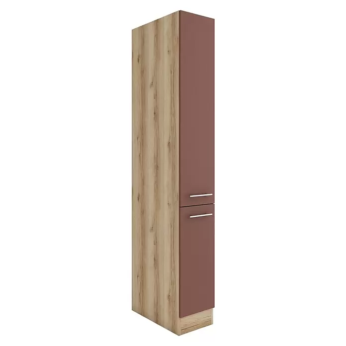 Optifit Bari407 Apotheker-Hochschrank - 60 x 30 x 206,8 cm, Rostrot - Hoher Schrank mit heller Holzmaserung links und zwei rotbraunen Türen/Schubladen mit silbernen Griffen rechts, auf einem Holzsockel.