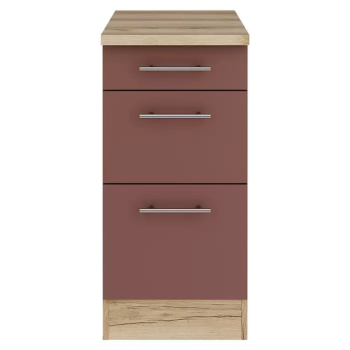 Optifit Bari407 Unterschrank - 60 x 40 x 84,8 cm, Rostrot, Mit 1 Schubkasten und 2 Auszügen - Kommode mit heller Holzplatte und Sockel, drei rotbraunen Schubladen und silbernen Griffen.