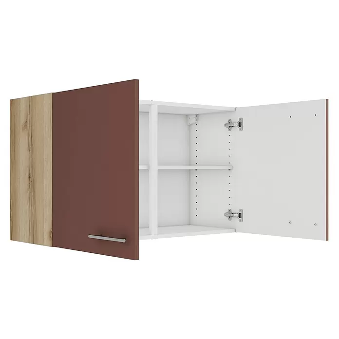 Optifit Bari407 Hängeschrank - 34,6 x 100 x 57,6 cm, Rostrot - Offener Küchenoberschrank mit braunen und holzgemaserten Türen, weißem Innenraum, verstellbaren Regalen und silbernem Griff.