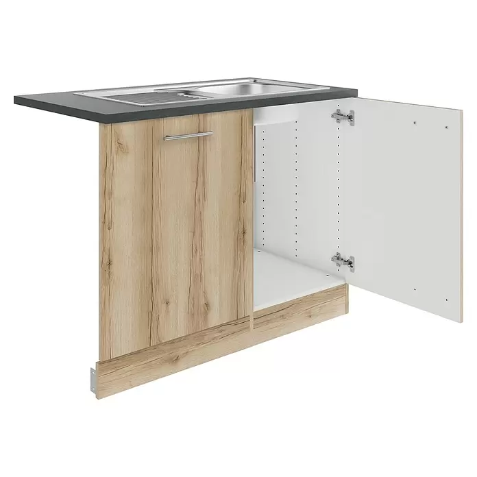 Optifit Livorno290 Spülenunterschrank - B x T x H: 110 x 60 x 84,8 cm, Wildeiche Nachbildung, Für Blende 60 cm für vollintegrierten Geschirrspüler - Küchenspülenunterschrank aus hellem Holz mit dunkler Arbeitsplatte und Edelstahlspüle. Eine Tür ist offen, weiße Innenseite.