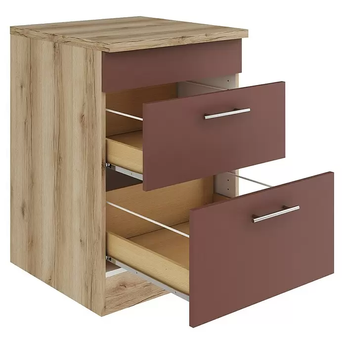 Optifit Bari407 Unterschrank - 60 x 60 x 84,8 cm, Rostrot, Mit 1 Blende und 2 Auszügen - Helle Holzmaserung Kommode mit pflaumenfarbenen Schubladenfronten; zwei Schubladen geöffnet, zeigen Innenraum und Metallgriffe.