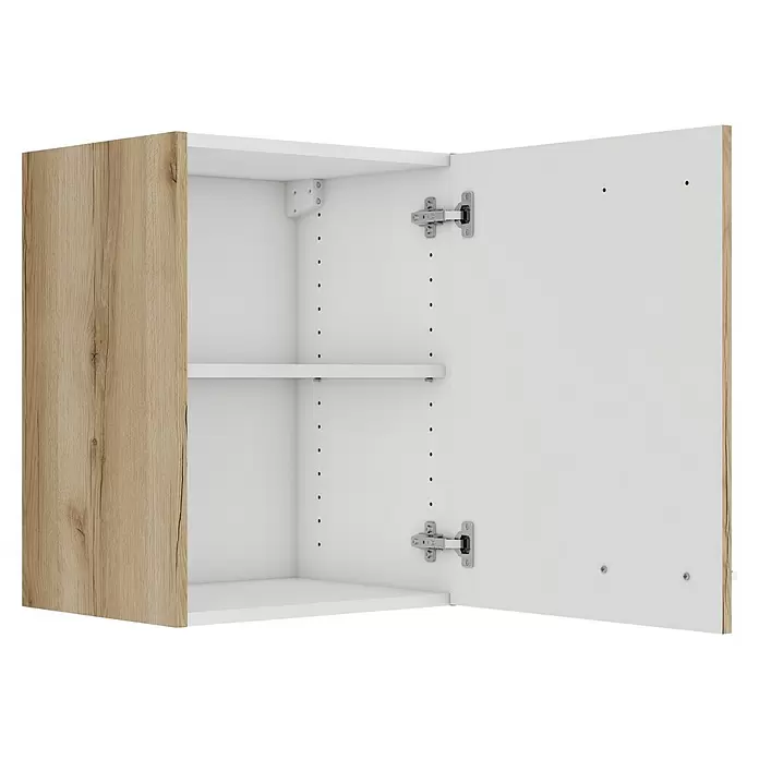 Optifit Livorno290 Hängeschrank - 34,6 x 45 x 57,6 cm, Wildeiche Nachbildung - Offener Oberschrank mit heller Holzmaserungstür, weißem Innenraum und verstellbarem Regal, Scharniere sichtbar.