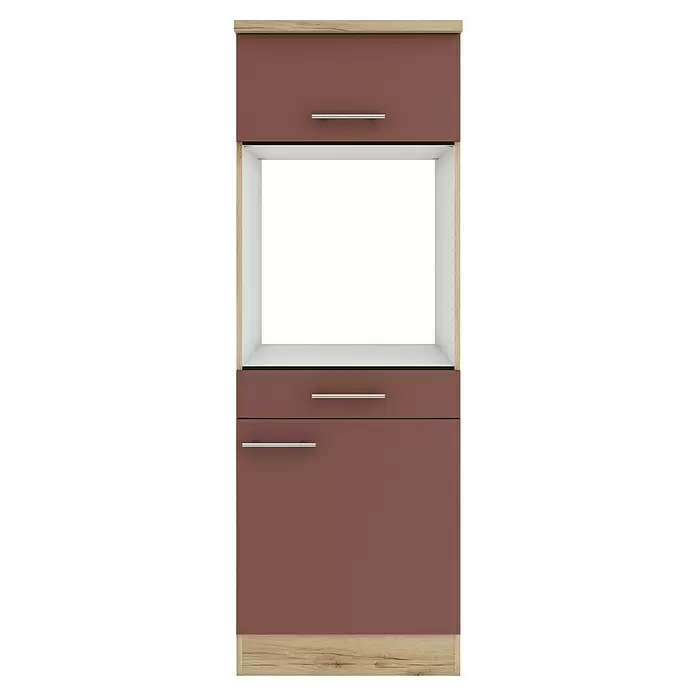 Optifit Bari407 Backofenumbauschrank - B x T x H: 60 x 60 x 174,4 cm, Rostrot, Für Backofen und Kühlschrank 88 cm mit 1 Tür und Arbeitsplatte - Braunroter Küchenschrank mit hellen Holzdetails, offenem Fach und silbernen Griffen.